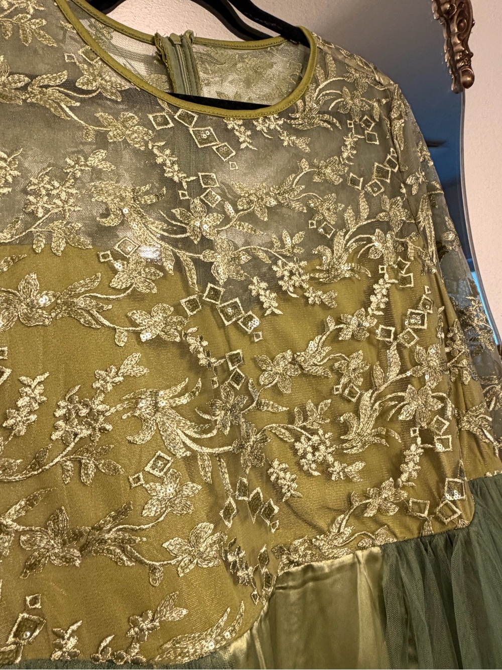 Flycurvy sage green lace and tule formal mother of the bride dress. 2x
